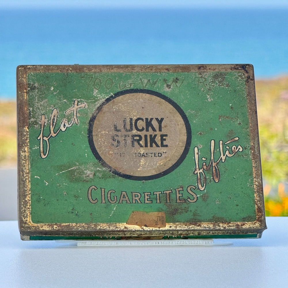 Flat Fifties Lucky Strike Tin Cigarette Case Vintage Tobacciana 1930s 1940s